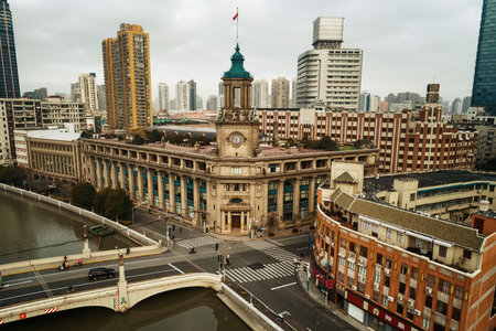 Shanghai aerial view from above with Suzhou Creek city skyline and skyscrapers in China.の写真素材