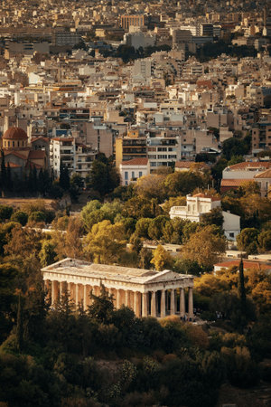 Temple of Hephaestus viewed from mountain top in Athens, Greece.の写真素材