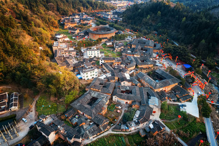 Aerial view of Tulou, the unique dwellings of Hakka in Fujian, China.の写真素材