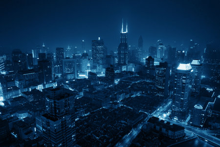 Shanghai aerial night view from above with city skyline and skyscrapers in China.の写真素材