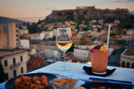 Dinner at rooftop with the view of Acropolis in Athens, Greece.の写真素材