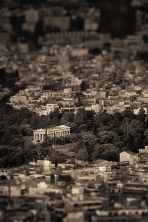 Temple of Hephaestus tilt shift viewed from mountain top in Athens, Greece.の写真素材