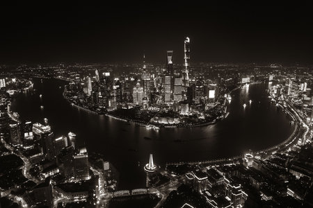 Shanghai Pudong aerial night view from above with city skyline and skyscrapers in China.の写真素材