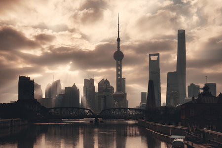 Shanghai morning with sunny sky and water reflections in China.の写真素材