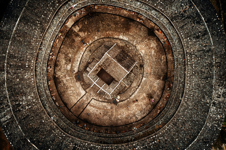 Aerial closeup view of Tulou, the unique dwellings of Hakka in Fujian, China.の写真素材