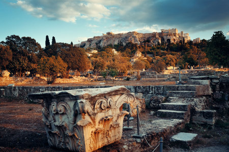 Acropolis historical ruins on top of mountain in Athens, Greece.の写真素材