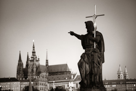 Charles Bridge statue closeup in Prague Czech Republicの写真素材