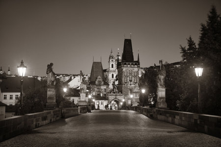 Charles Bridge in Prague Czech Republic at nightの写真素材