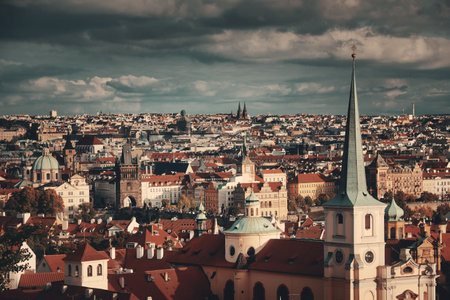 Prague skyline rooftop view with historical buildings in Czech Republic.の写真素材