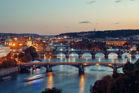 Prague skyline and bridge over river in Czech Republic.の写真素材