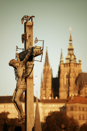 Charles Bridge Jesus statue closeup in Prague Czech Republicの写真素材