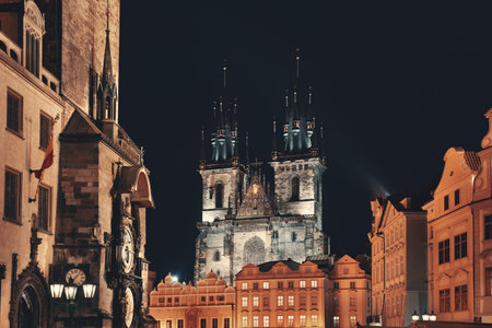 Church of Our Lady before TÃ½n and Prague skyline rooftop view in in Czech Republicの写真素材