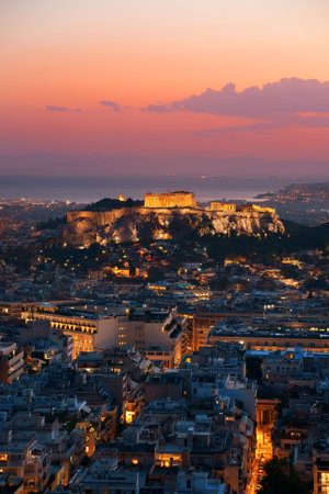 Athens skyline sunset viewed from Mt Lykavitos with Acropolis, Greece.の写真素材