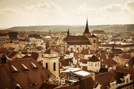 Prague skyline rooftop view with historical buildings in Czech Republic.の写真素材
