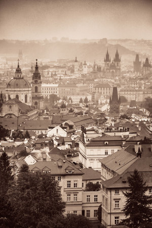 Prague skyline rooftop view with historical buildings in Czech Republic.の写真素材
