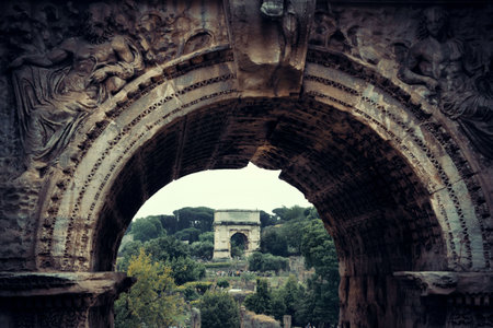 Archway. Rome Forum with ruins of historical buildings. Italy.の写真素材