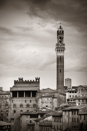 Medieval town Siena skyline view with historic buildings and Town Hall Bell Tower in Italyの写真素材