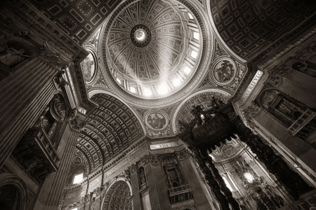 St. Peterâs Basilica interior with light beam in Vatican City.の写真素材