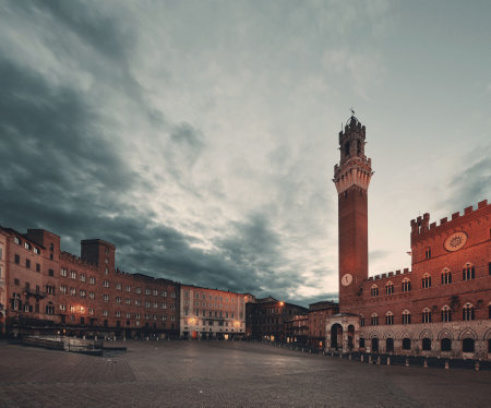 City Hall Bell Tower at Piazza del Campo in Siena Italy.の写真素材