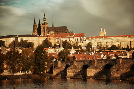 Prague skyline and bridge over river in Czech Republic.の写真素材