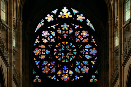Stain glass patterns in St. Vitus Cathedral in Prague Castle Czech Republicの写真素材