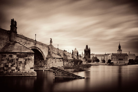 Prague skyline and bridge over river in Czech Republic.の写真素材
