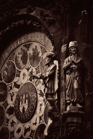 Astronomical clock closeup in Old Town Square in Prague Czech Republicの写真素材