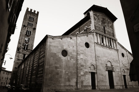 The Church of San Pietro Somaldi and Campanile with bell tower in Lucca Italyの写真素材
