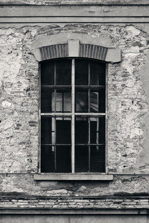 Vintage window with brick texture closeup in medieval Town Lucca in Italy.の写真素材