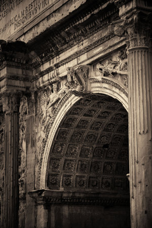 Archway. Rome Forum with ruins of historical buildings. Italy.の写真素材