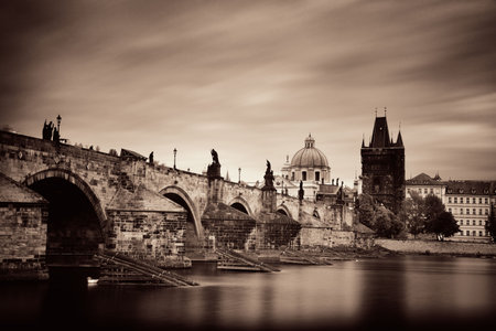 Prague skyline and bridge over river in Czech Republic.の写真素材