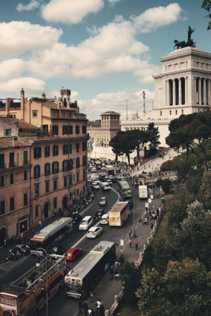 Street view with National Monument to Victor Emmanuel II in Rome, Italy.の写真素材