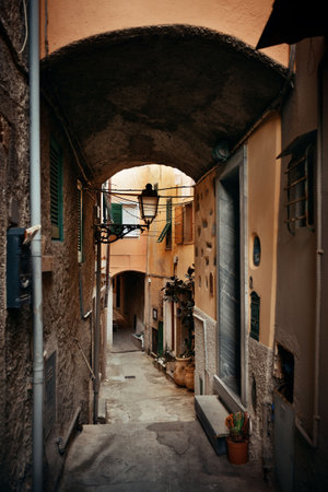 Typical alley view in Riomaggiore in Cinque Terre, Italy.の写真素材