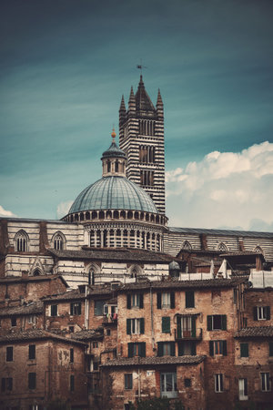 Medieval town with Siena Cathedral and skyline view in Italyの写真素材