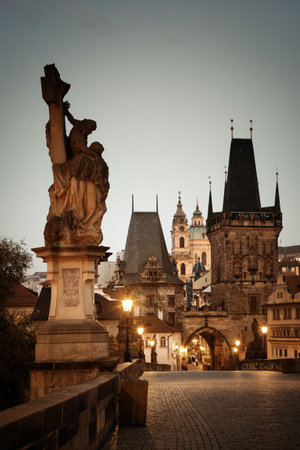 Statue closeup in Charles Bridge in Prague Czech Republicの写真素材