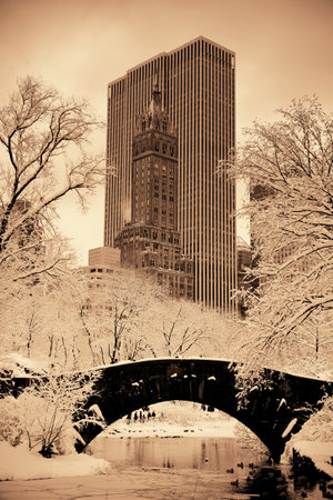 Central Park winter with skyscrapers and bridge in midtown Manhattan New York Cityの写真素材