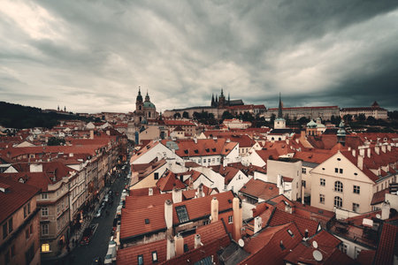Prague skyline rooftop view with historical buildings in Czech Republic.の写真素材