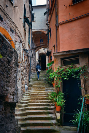Typical alley view in Riomaggiore in Cinque Terre, Italy.の写真素材