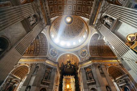 St. Peterâs Basilica interior with light beam in Vatican City.の写真素材