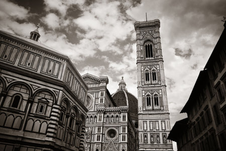 Duomo Santa Maria Del Fiore with bell tower in Florence Italy closeup view in BWの写真素材