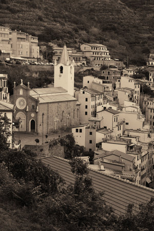 Riomaggiore viewed from mountain in Cinque Terre, Italy.の写真素材
