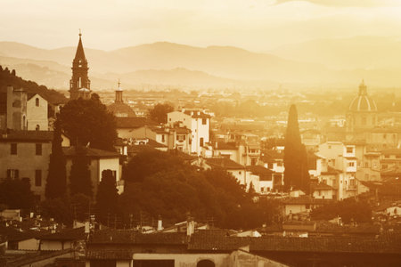 City skyline in Florence rooftop view in Italy at sunsetの写真素材