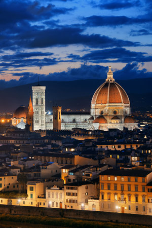 Florence Cathedral with city skyline viewed from Piazzale Michelangelo at nightの写真素材