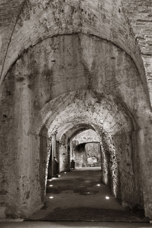 Tunnel and barricade in Lucca Italyの写真素材