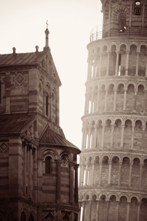 Leaning tower sunrise in Pisa, Italy as the worldwide known landmark.の写真素材