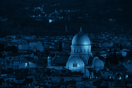 Great Synagogue of Florence or Tempio Maggiore among buildings at night. Italy.の写真素材