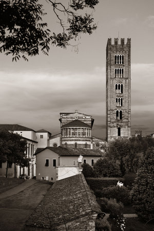 Basilica di San Frediano in Lucca with historic buildings in Italy.の写真素材