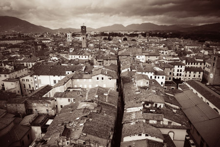 Lucca rooftop view with red roofs of historic buildings and mountain range in Italy.の写真素材
