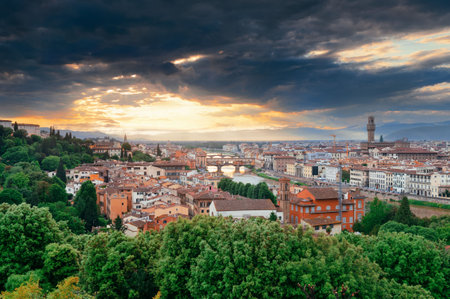Florence skyline viewed from Piazzale Michelangelo at sunsetの写真素材
