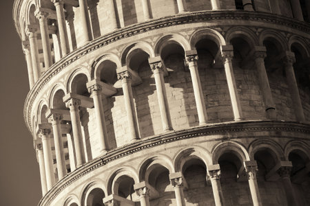 Leaning tower closeup view in Pisa, Italy as the worldwide known landmark.の写真素材
